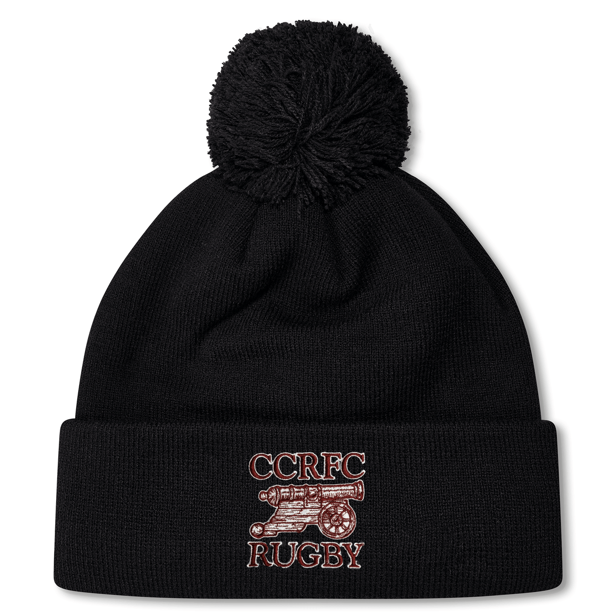 Black fleece-lined bobble hat with an embroidered logo reading "Concord Carlisle Rugby" and a rugby ball motif by EMB Canterbury.
