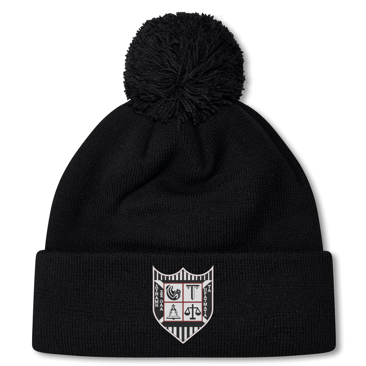 Black Troy University Rugby Pom Pom Beanie with a pompom on top and an embroidered EMB Canterbury Rugby crest on the cuff.