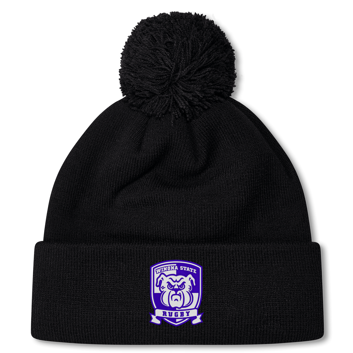 Black beanie with a pom-pom on top, featuring a purple and white emblem with a bulldog and the words "Lynoma State Rugby." This fleece-lined bobble hat ensures warmth and style, perfect for any Winona State University Pom Pom Beanie by EMB Canterbury enthusiast.
