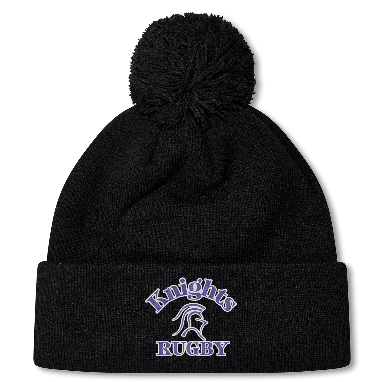 A black knit Ardrey Kell Rugby Pom Pom Beanie by Canterbury with a pom-pom on top. "Knights Rugby" and a knight's helmet are embroidered in white and purple on the folded cuff, making it perfect for Canterbury Rugby fans.