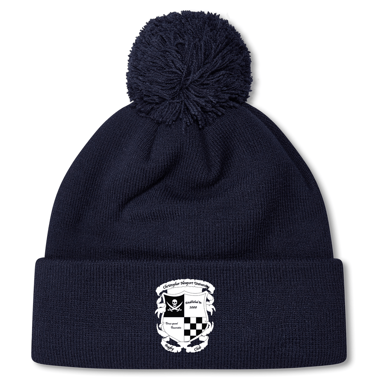 Navy blue rugby bobble hat with a pom-pom on top and an embroidered EMB Canterbury Rugby crest on the fold-over cuff.