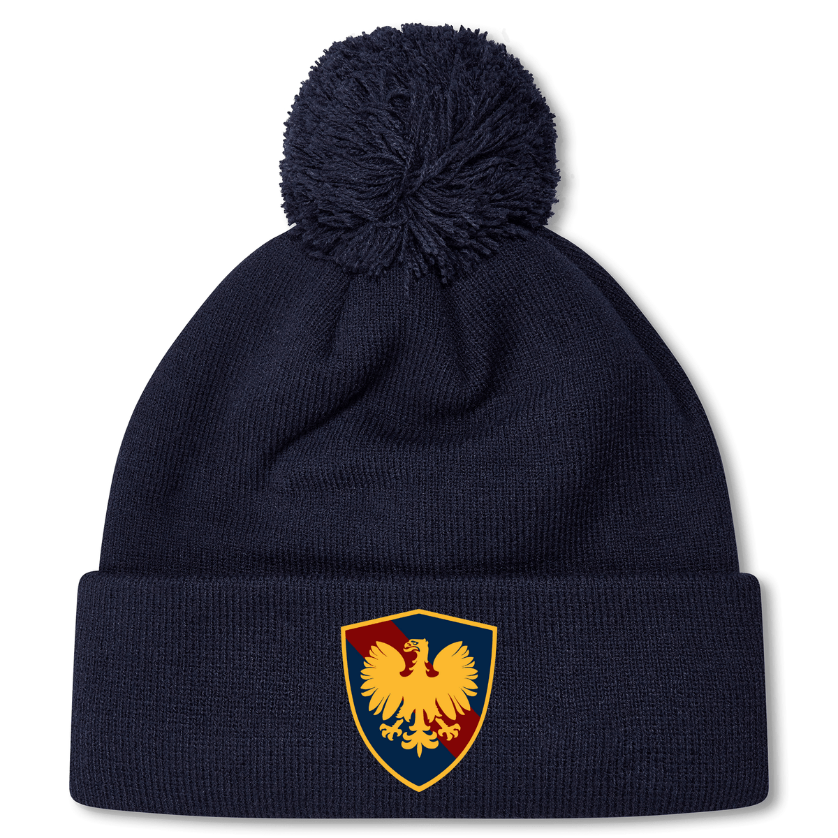 Navy blue fleece-lined Cincinnati Classical Academy Pom Pom beanie hat with a pom-pom on top and a shield emblem featuring an eagle on the fold-over cuff by EMB Canterbury.