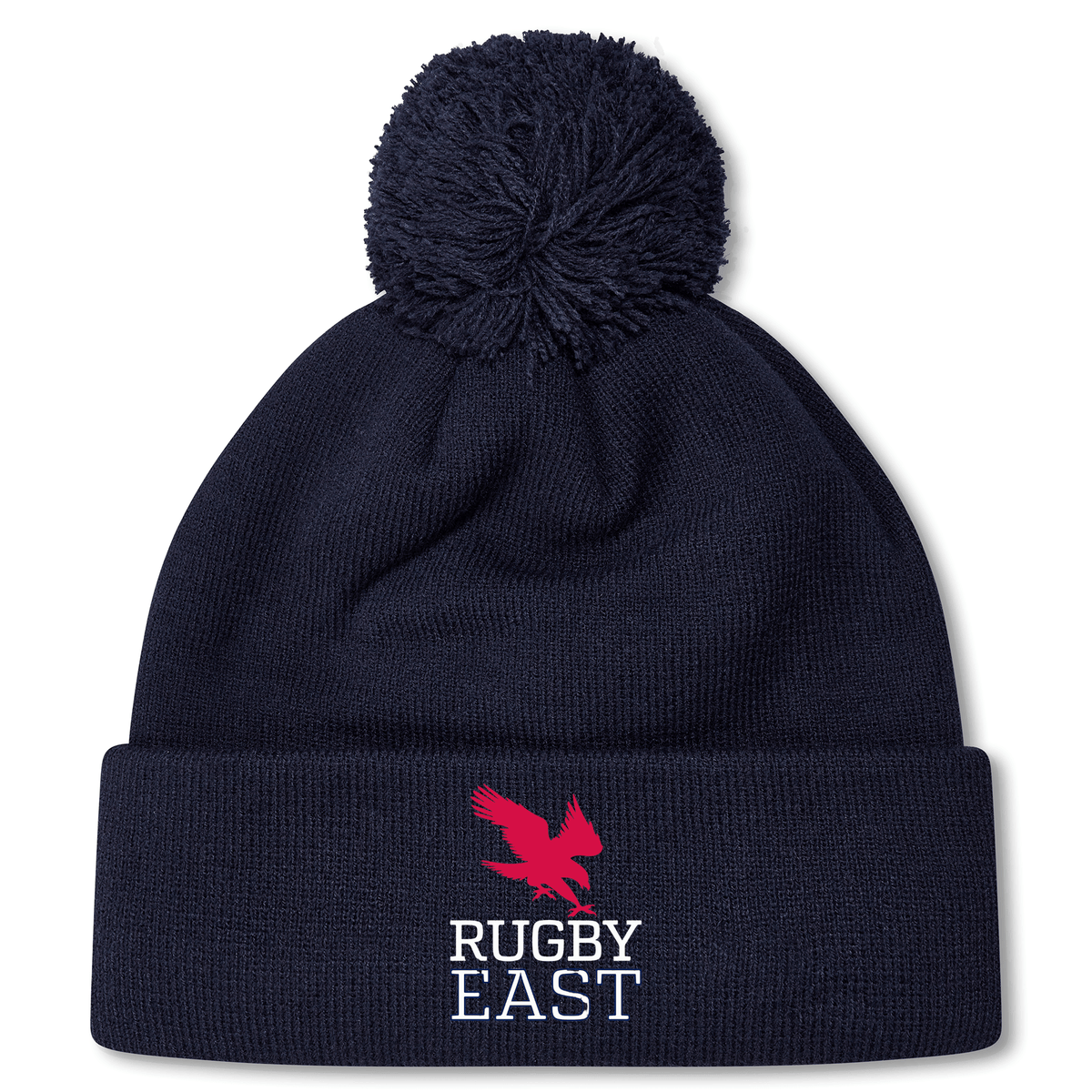 A Rugby East Conference Pom Pom Beanie by Canterbury with a red bird and "RUGBY EAST" embroidered on the front.