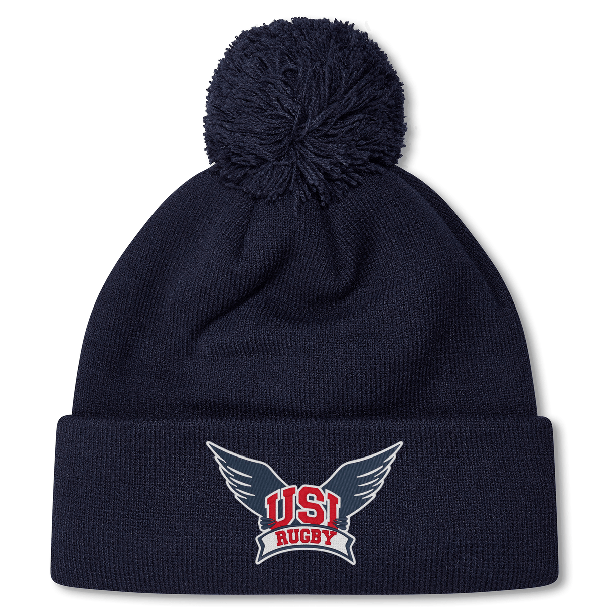 A navy blue University of Southern Indiana Pom Pom Beanie by Canterbury with an embroidered "USI Rugby" logo featuring wings on the folded brim. This fleece-lined bobble hat by EMB Canterbury is the perfect pitch-side companion.