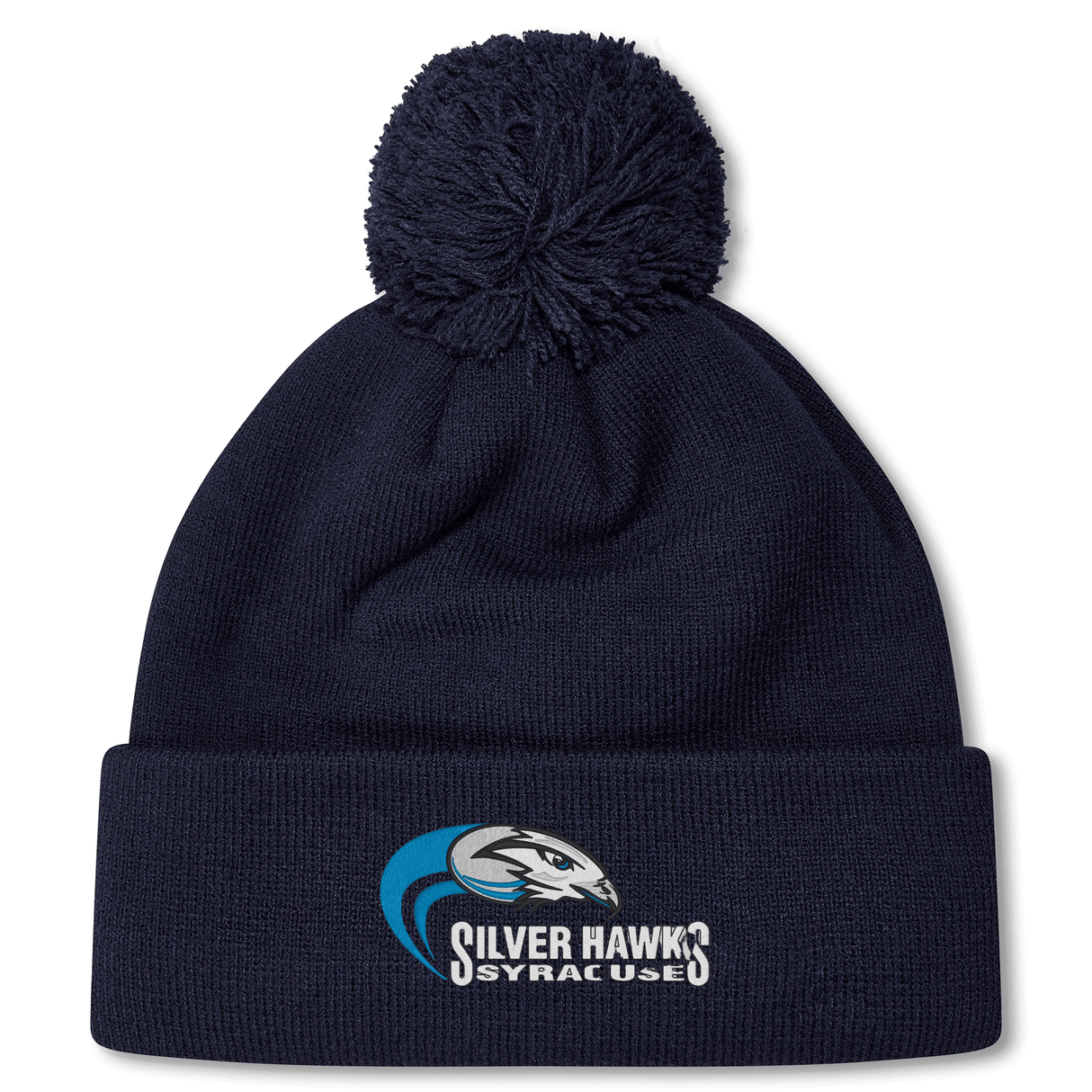 Syracuse Silver Hawks Pom Pom Beanie by Canterbury with "Silver Hawks Syracuse" logo and bird graphic embroidered on the front, featuring a cozy fleece-lined interior.