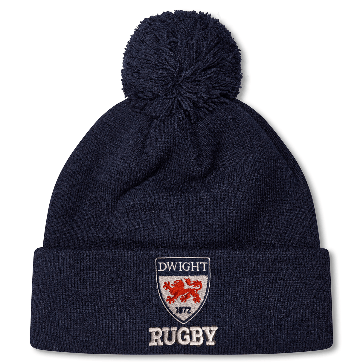 Navy blue bobble hat with a pom-pom on top and a EMB Canterbury logo featuring the text "dwight rugby 1977" and a red animal figure on the cuff.