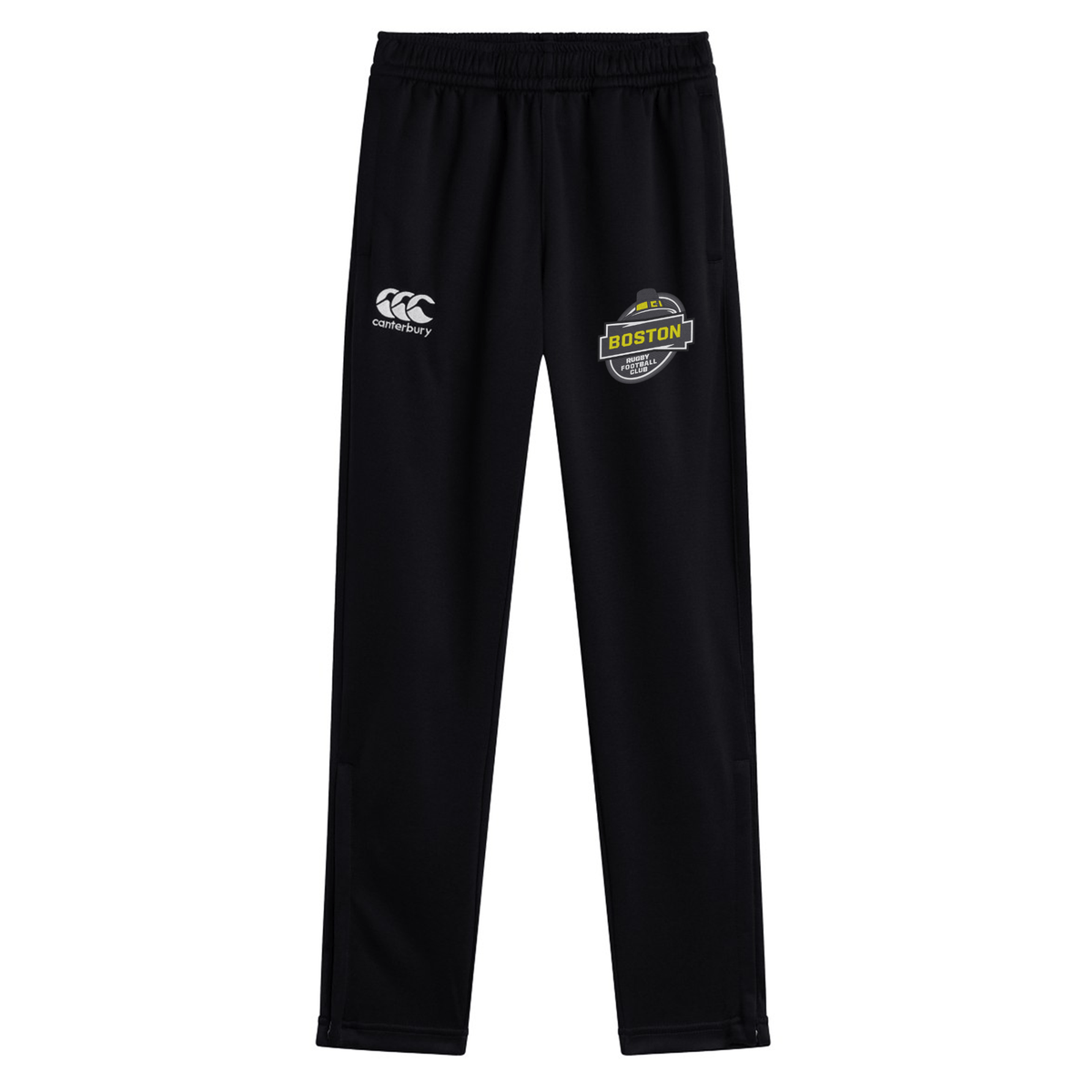 EMB Canterbury's Boston RFC Stretch Tapered Pant by Canterbury have the "boston" and EMB Canterbury logo on the left thigh, featuring an elastic waistband and a straight fit.