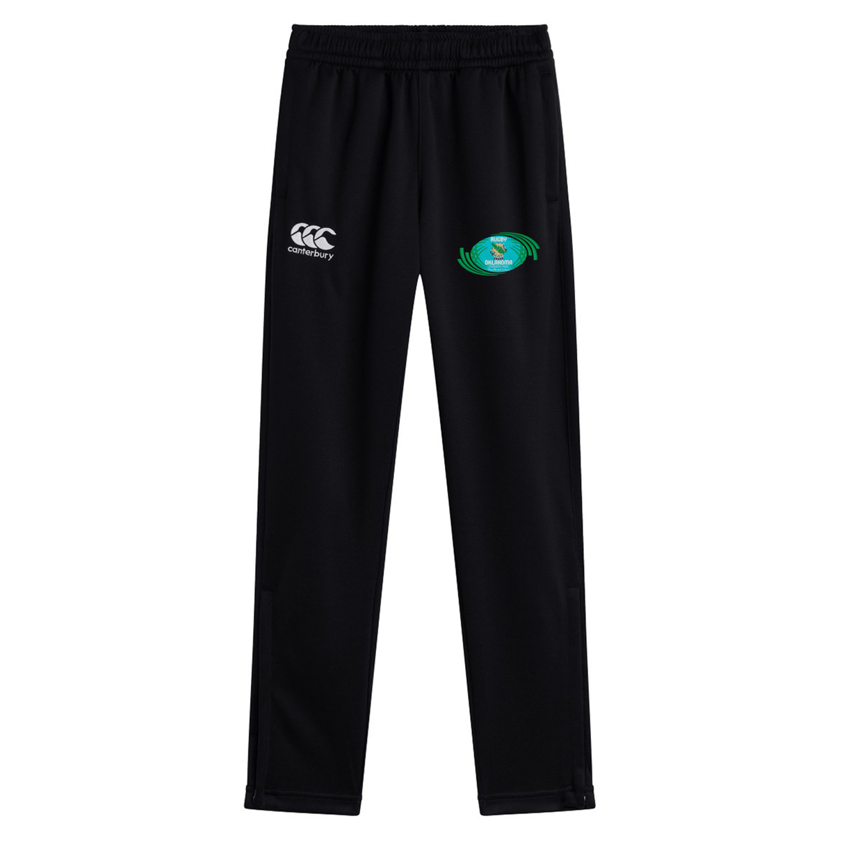 Black quick dry Rugby Oklahoma Stretch Tapered Pant with EMB Canterbury logo on the left thigh and a colorful circular emblem on the right.