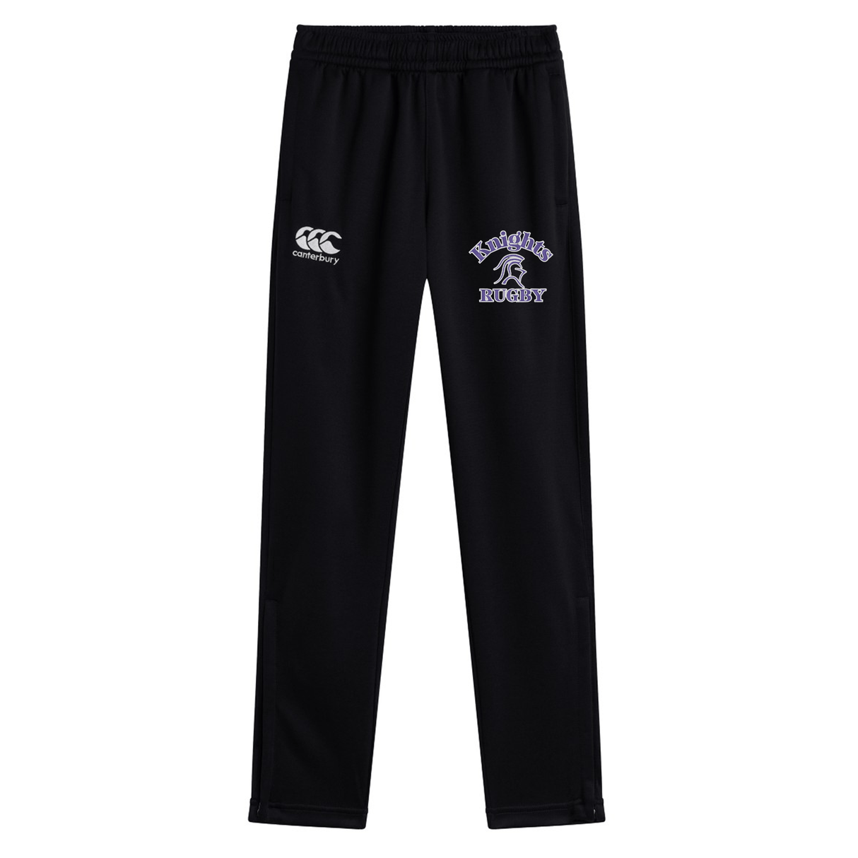 Ardrey Kell Rugby Stretch Tapered Pant by Canterbury with the "Knights Rugby" logo and a stylized horse on the right leg, and the EMB Canterbury logo on the left leg. These quick-dry pants are perfect for any workout, featuring a stretch tapered pant design for optimal comfort and performance.