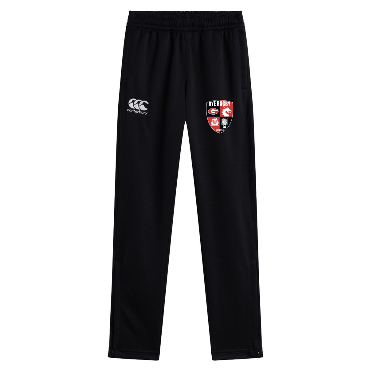 Rye High School Rugby Stretch Tapered Pant by EMB Canterbury with a Canterbury logo on the left thigh and a rugby club emblem on the right, featuring an elastic waist and pockets.