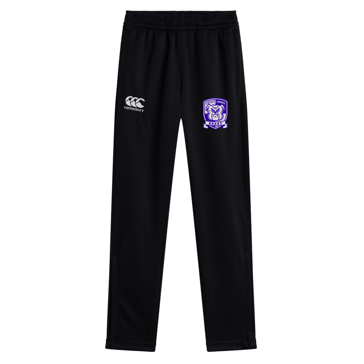 Black workout pants with an embroidered purple and white badge on the right thigh and a manufacturer's logo on the left thigh. The Winona State University Stretch Tapered Pant by Canterbury features an elasticated waistband and zippered ankles for added convenience by EMB Canterbury.