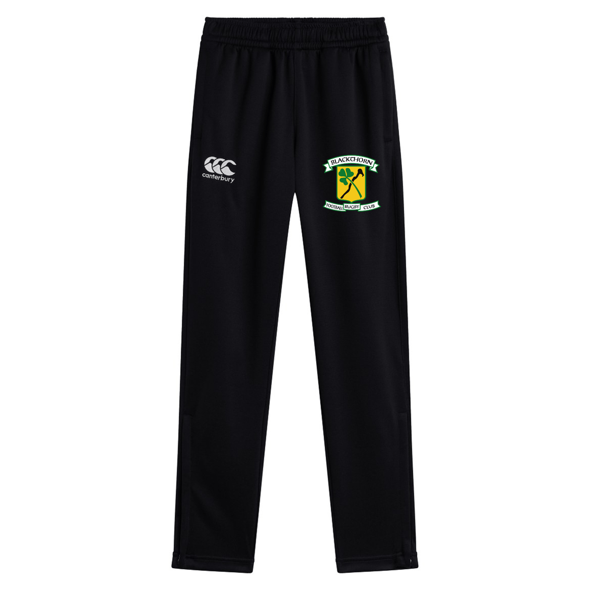 Black Blackthorn RFC Stretch Tapered Pant with elastic waistband, featuring two logos: the EMB Canterbury logo on the upper left thigh and a green and yellow emblem on the right.