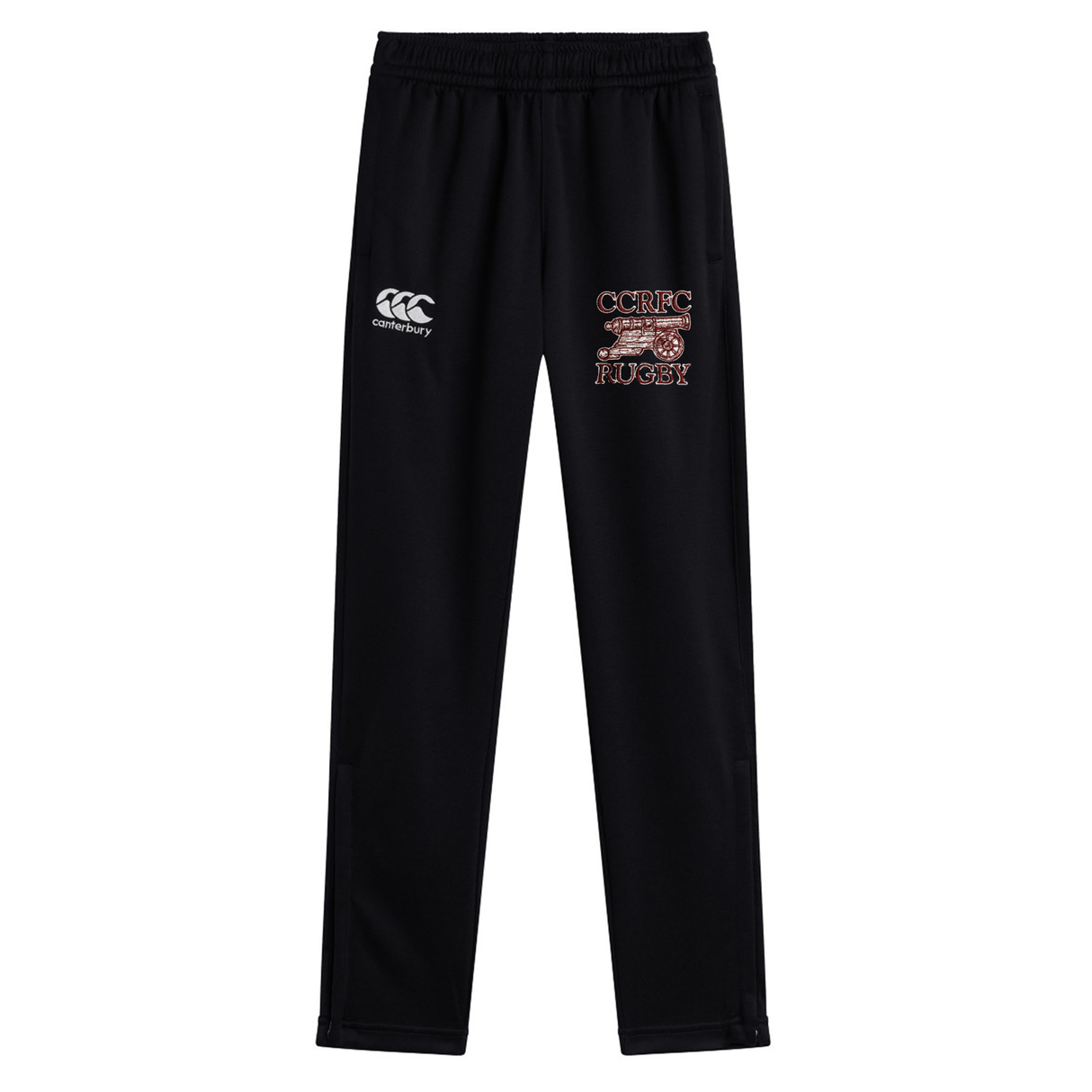 EMB Canterbury Black Concord Carlisle Rugby stretch tapered pants with "ccc" logo and "cheltenham school rugby" text on the left thigh.