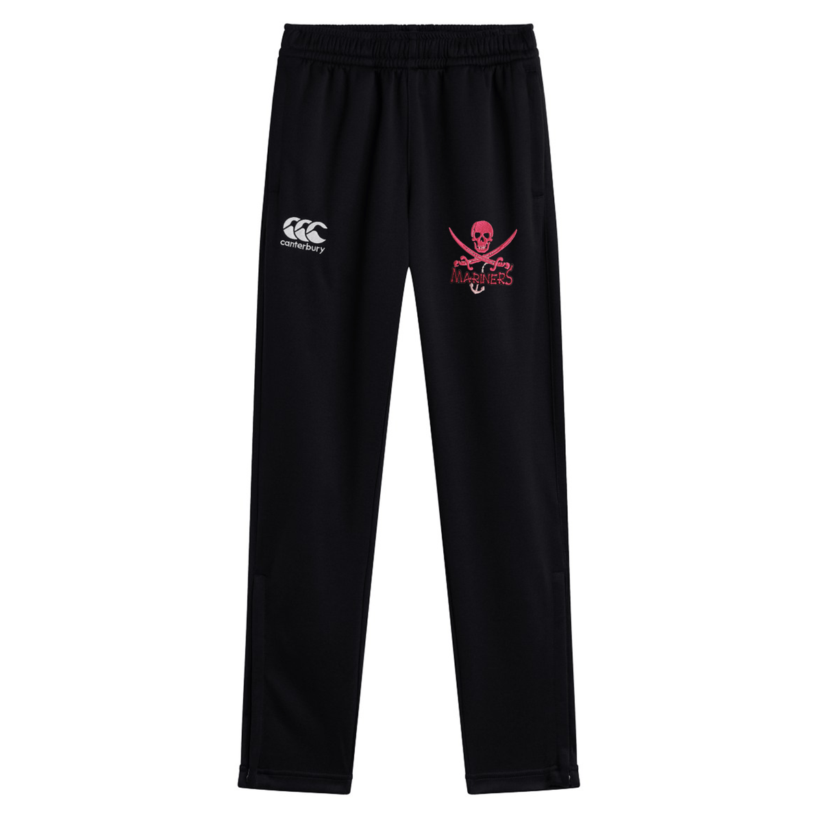 Black SUNY Maritime stretch tapered pants with the logo on the upper left and a pirate skull emblem on the right thigh by EMB Canterbury.