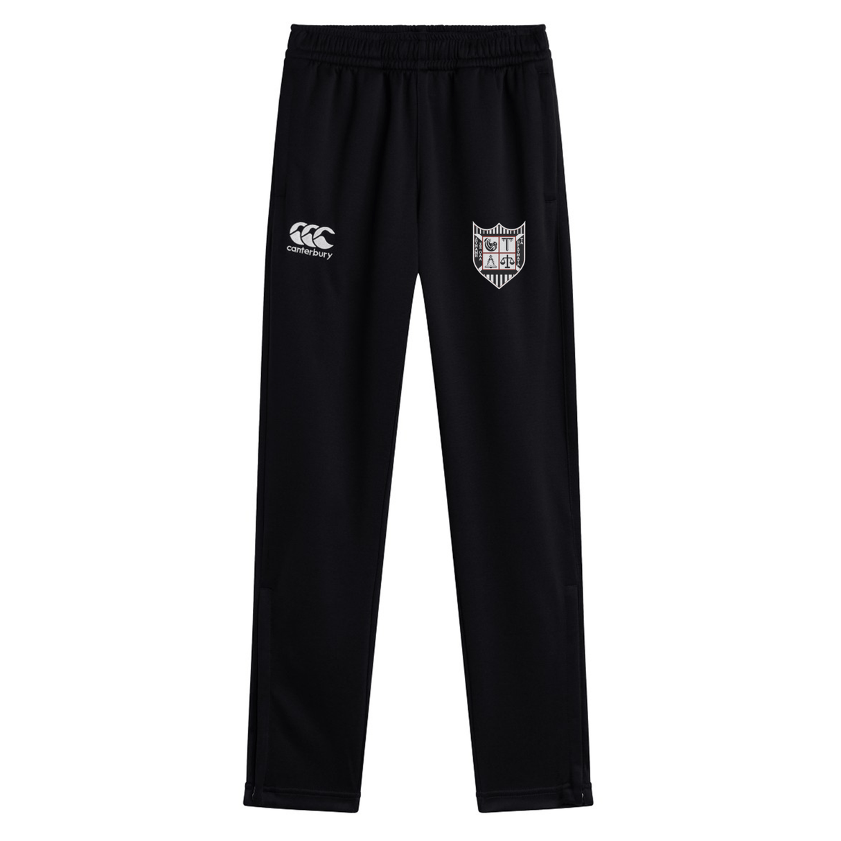 Black quick-dry sports track pants with an elastic waistband, featuring a Troy University Rugby Stretch Tapered Pant logo on the upper left and an EMB Canterbury emblem on the right thigh.