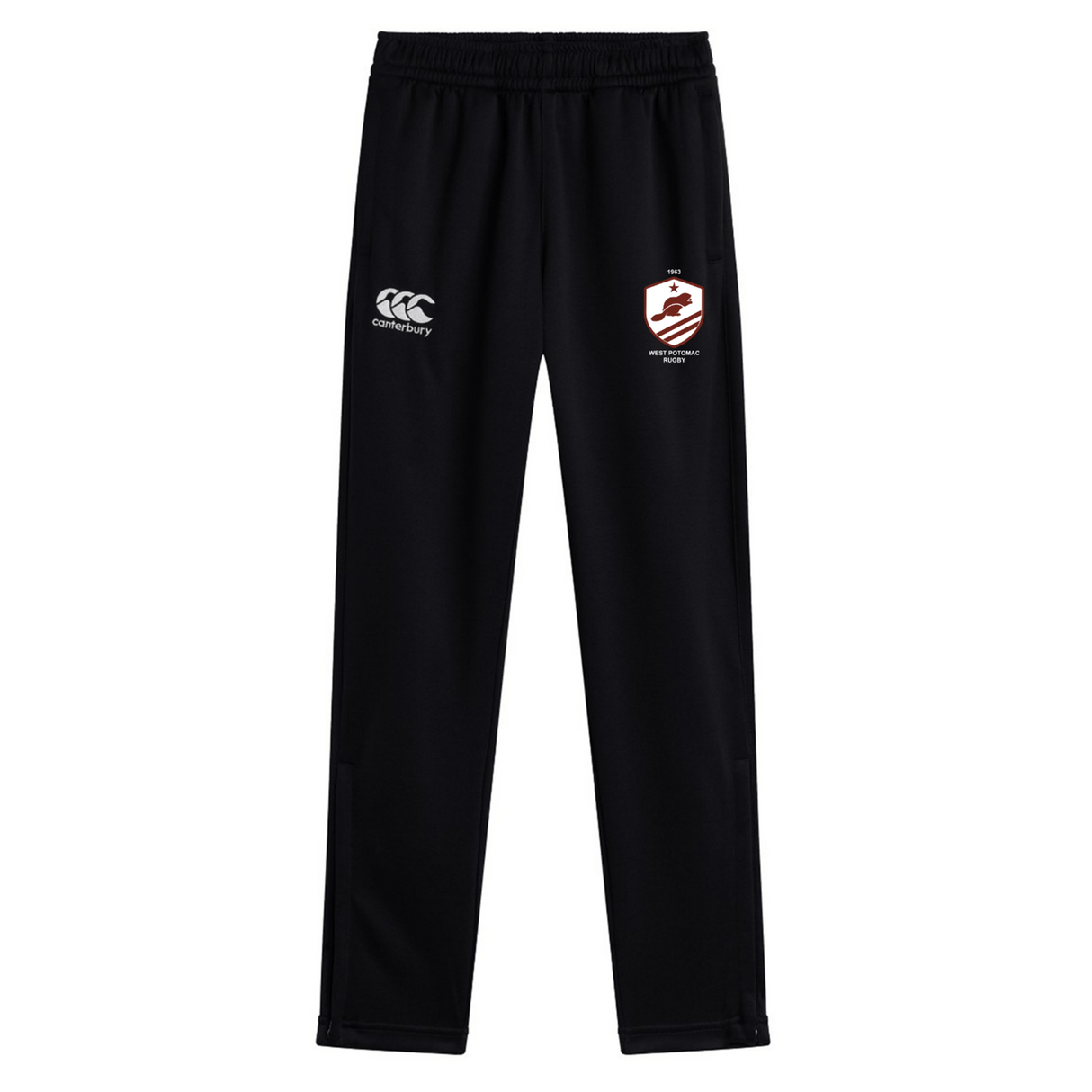 The West Potomac RFC Stretch Tapered Pant by EMB Canterbury features an elastic waistband, two embroidered logos, and quick-dry comfort—ideal men's workout pants for intense training.