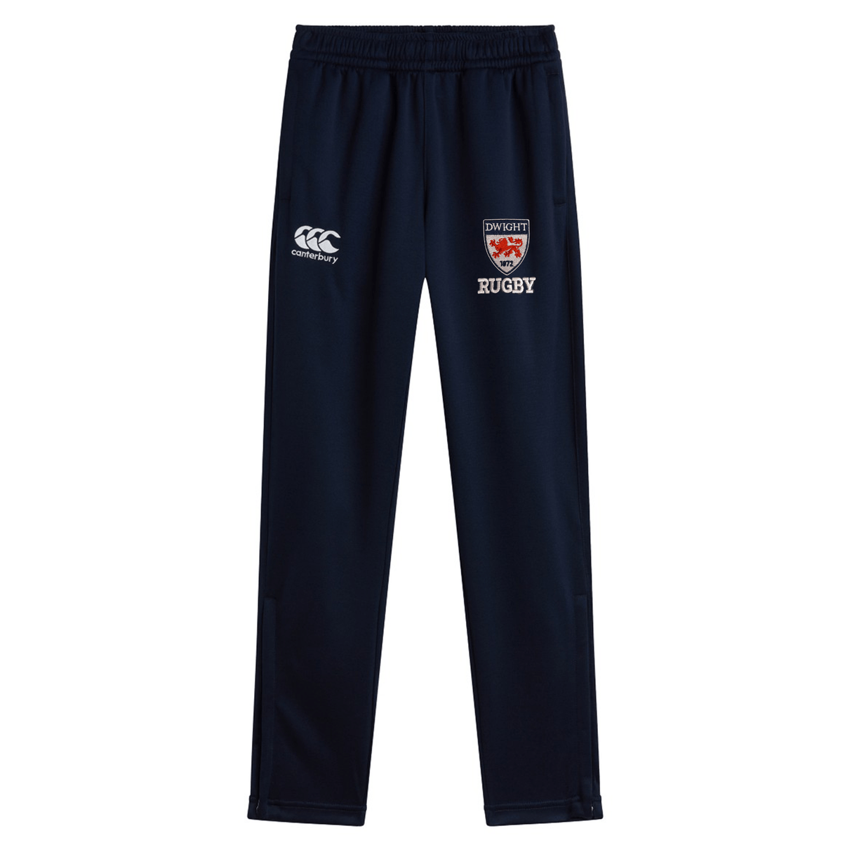 Navy blue Dwight Rugby Stretch Tapered Pant by EMB Canterbury with logo embroidery on the upper left thigh, displayed against a white background.