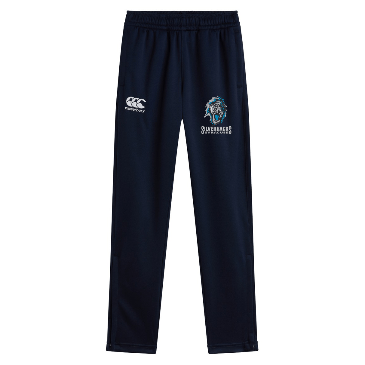 Navy blue athletic pants with an embroidered silver lion emblem and text "Silverback's Overpower." The Syracuse Silverbacks Stretch Tapered Pant by Canterbury features stretch fabric for comfort and zip pockets for convenience. The EMB Canterbury logo is also visible on the left side.