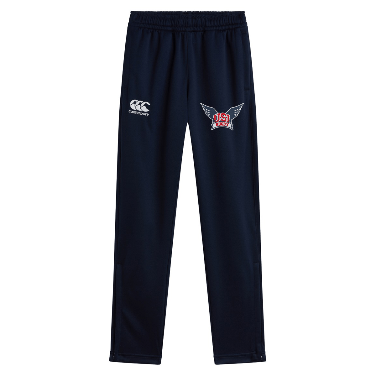 Navy blue quick-dry athletic track pants with a logo on the left thigh and the 'USA' emblem on the right thigh. These University of Southern Indiana Stretch Tapered Pant by Canterbury are perfect for any workout.