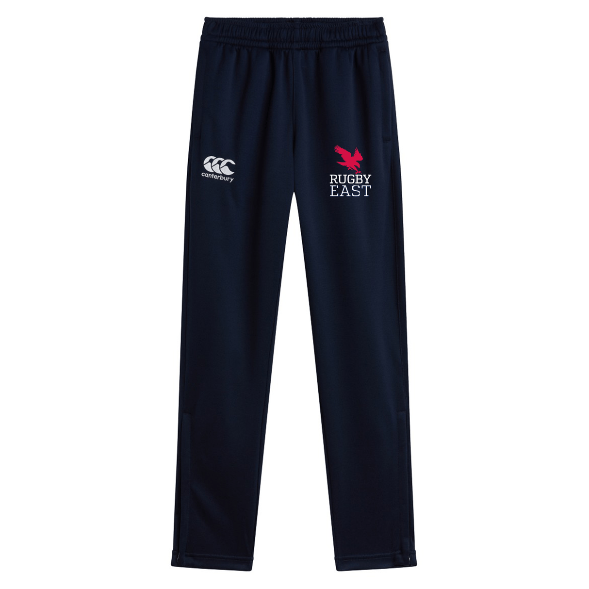 Navy blue Rugby East Conference Stretch Tapered Pant by Canterbury with a white EMB Canterbury logo and pink Rugby East logo on the front, perfect for your workout.