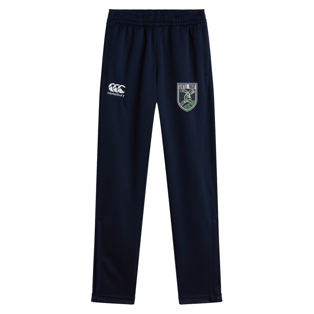Seattle Rugby Club Stretch Tapered Pant by EMB Canterbury with a shield emblem on the upper left thigh, displayed against a white background.