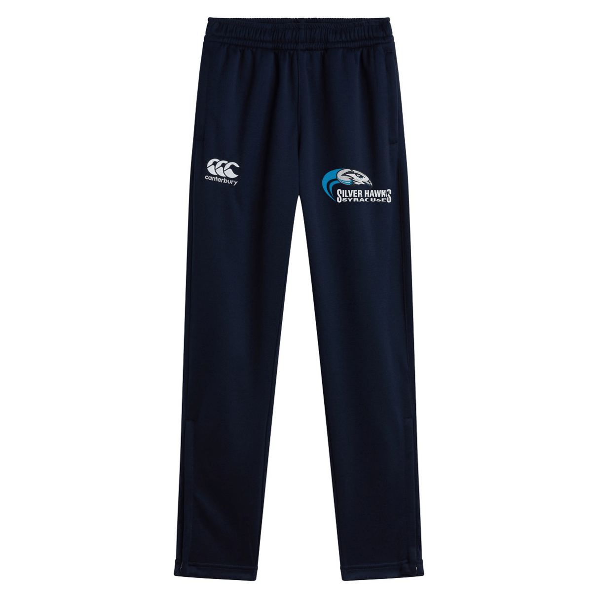 Navy blue athletic pants with an elastic waistband, featuring a logo on the right thigh and the text "Silver Hawks" on the left. These workout pants also come equipped with convenient zip pockets for secure storage. Introducing the Syracuse Silver Hawks Stretch Tapered Pant by Canterbury from EMB Canterbury.