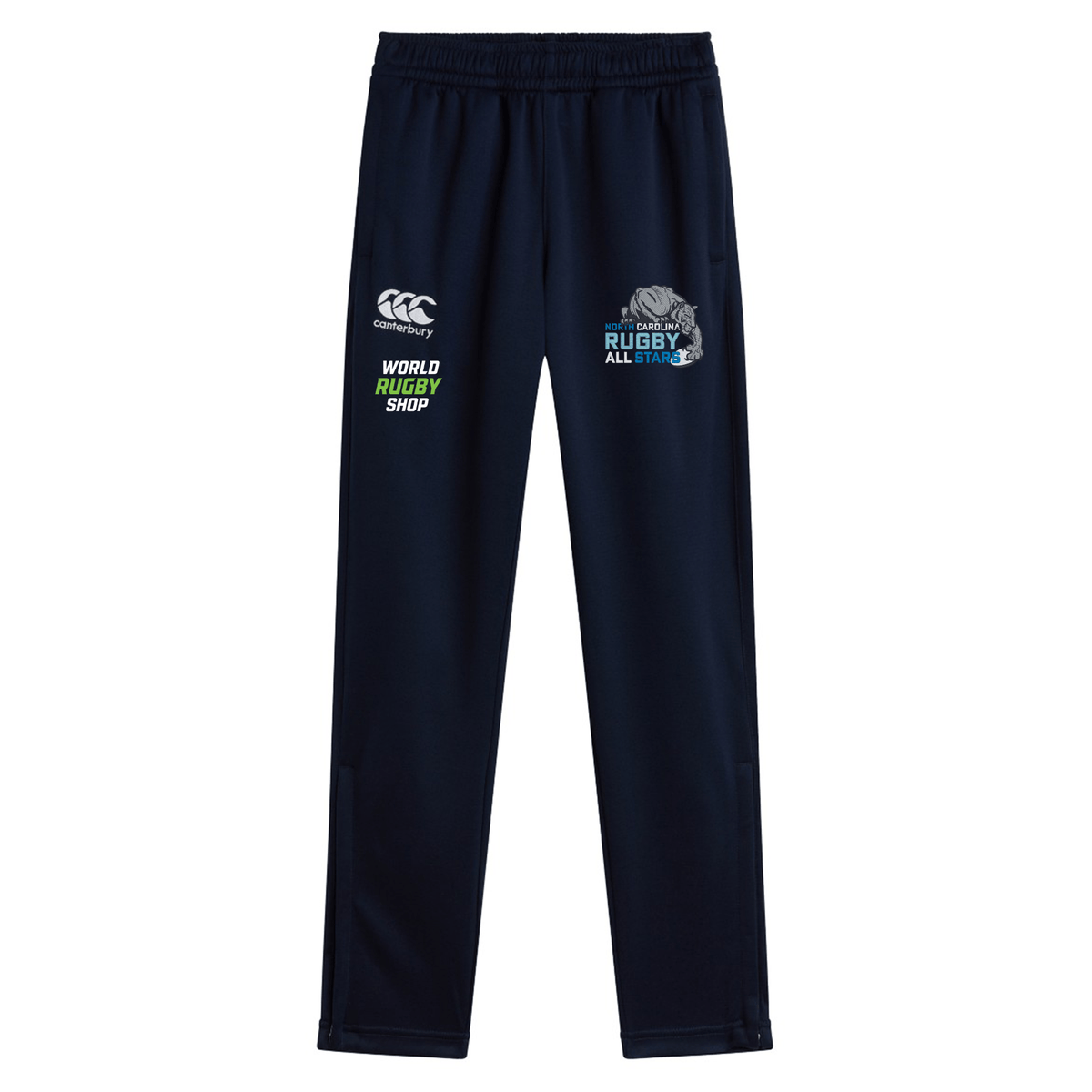Navy blue NC All Stars Stretch Tapered Pant by EMB Canterbury featuring the "World Rugby Shop" logo and a design with the text "Rugby All Stars" on the left leg, an elasticated waistband, and a Canterbury logo on the right leg.