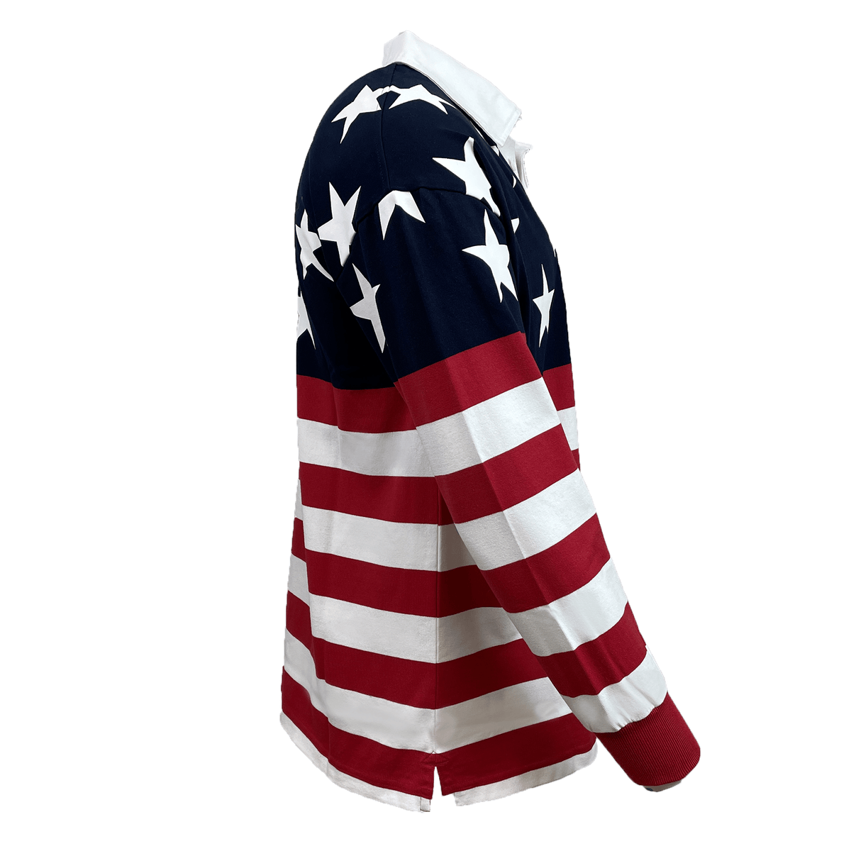 A Canterbury USA Flag Heritage Long Sleeve Rugger features an American flag design with stars on a blue field at the top and red and white horizontal stripes at the bottom.