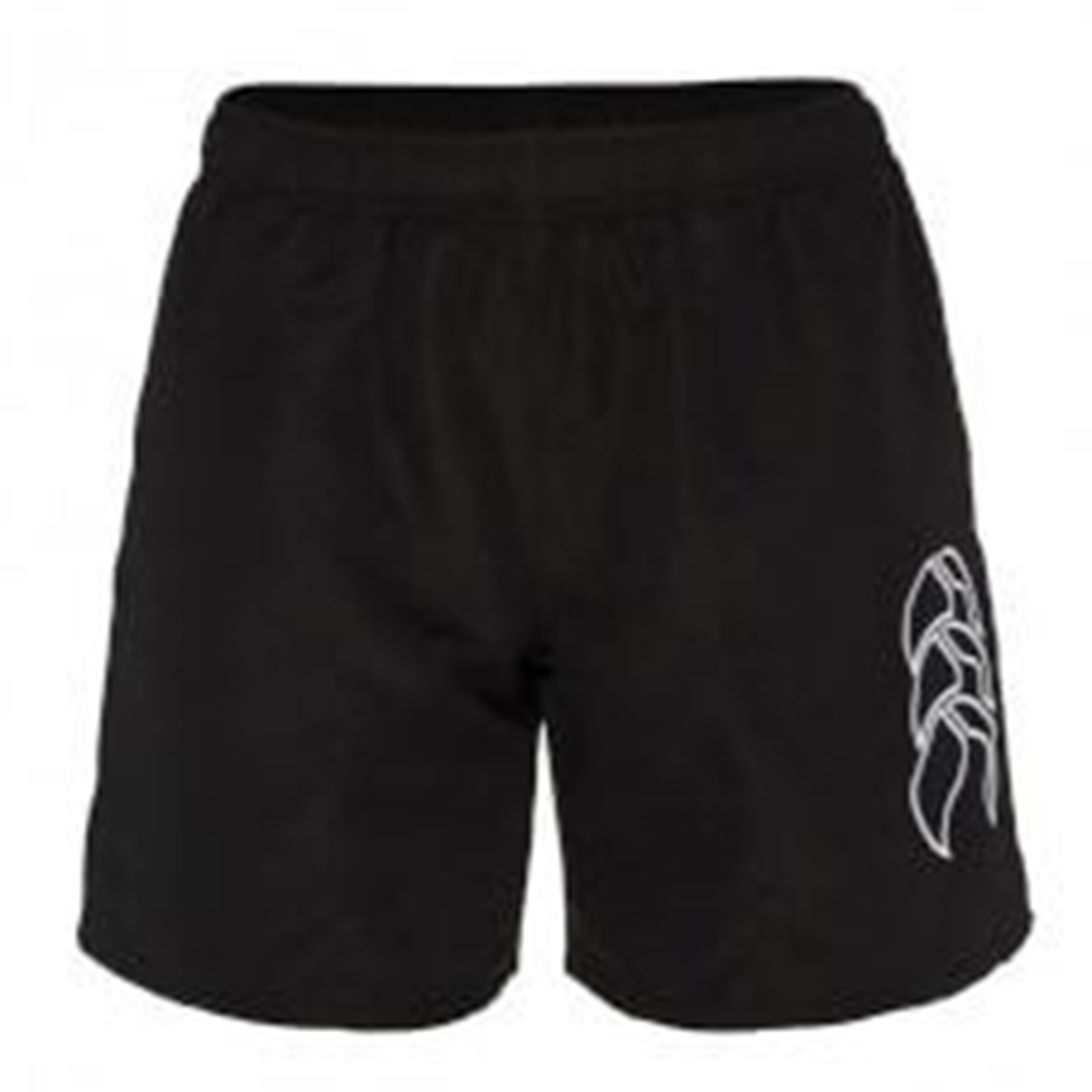 The Women's Canterbury Tactic Short by Canterbury features black athletic performance fabric, an elastic waistband, and a bold white graphic on the left leg.