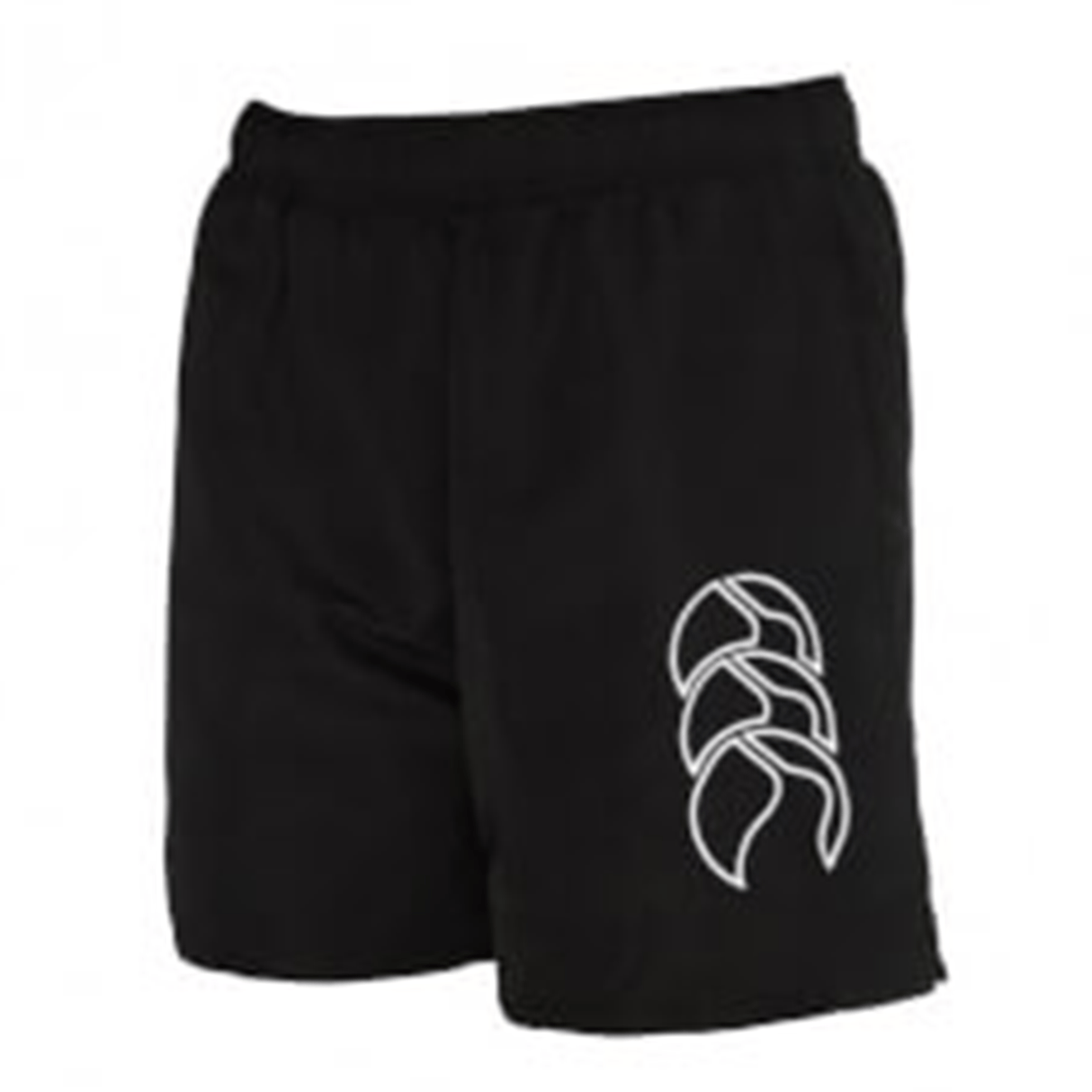 The Canterbury Women's Tactic Short is a black athletic performance short with an elastic waistband and a white abstract design on the left leg.