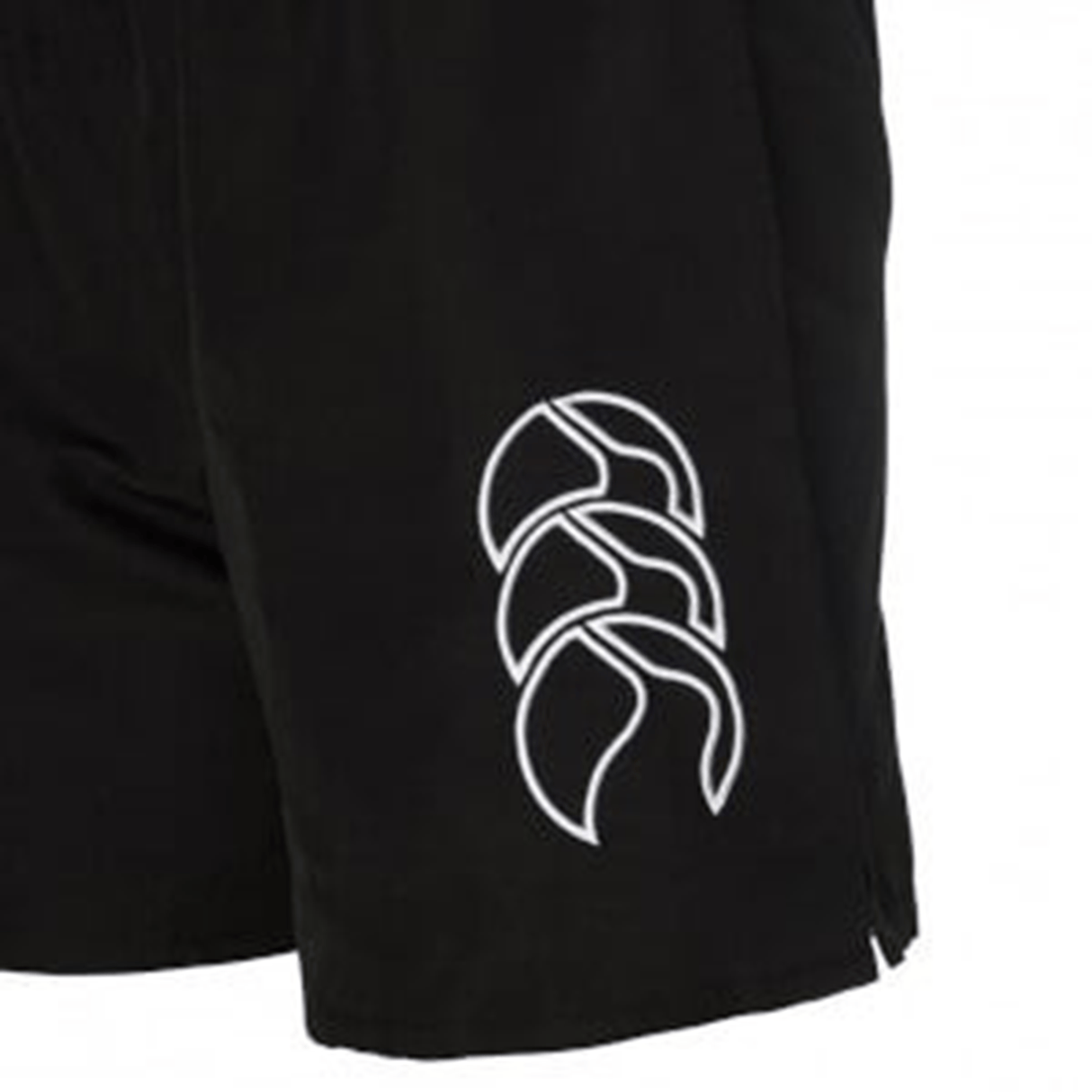 Close-up of Women's Canterbury Tactic Short in black, showcasing the white triple-leaf Canterbury logo on the side.