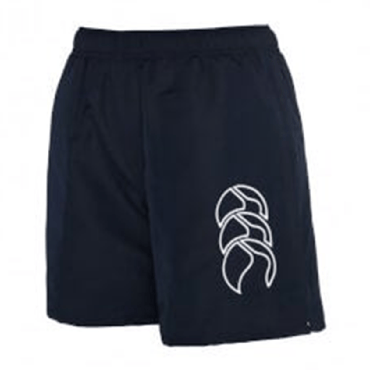 The Women's Canterbury Tactic Short by Canterbury is designed for athletic performance, featuring a navy blue color, elastic waistband, and a white abstract logo on the left leg.