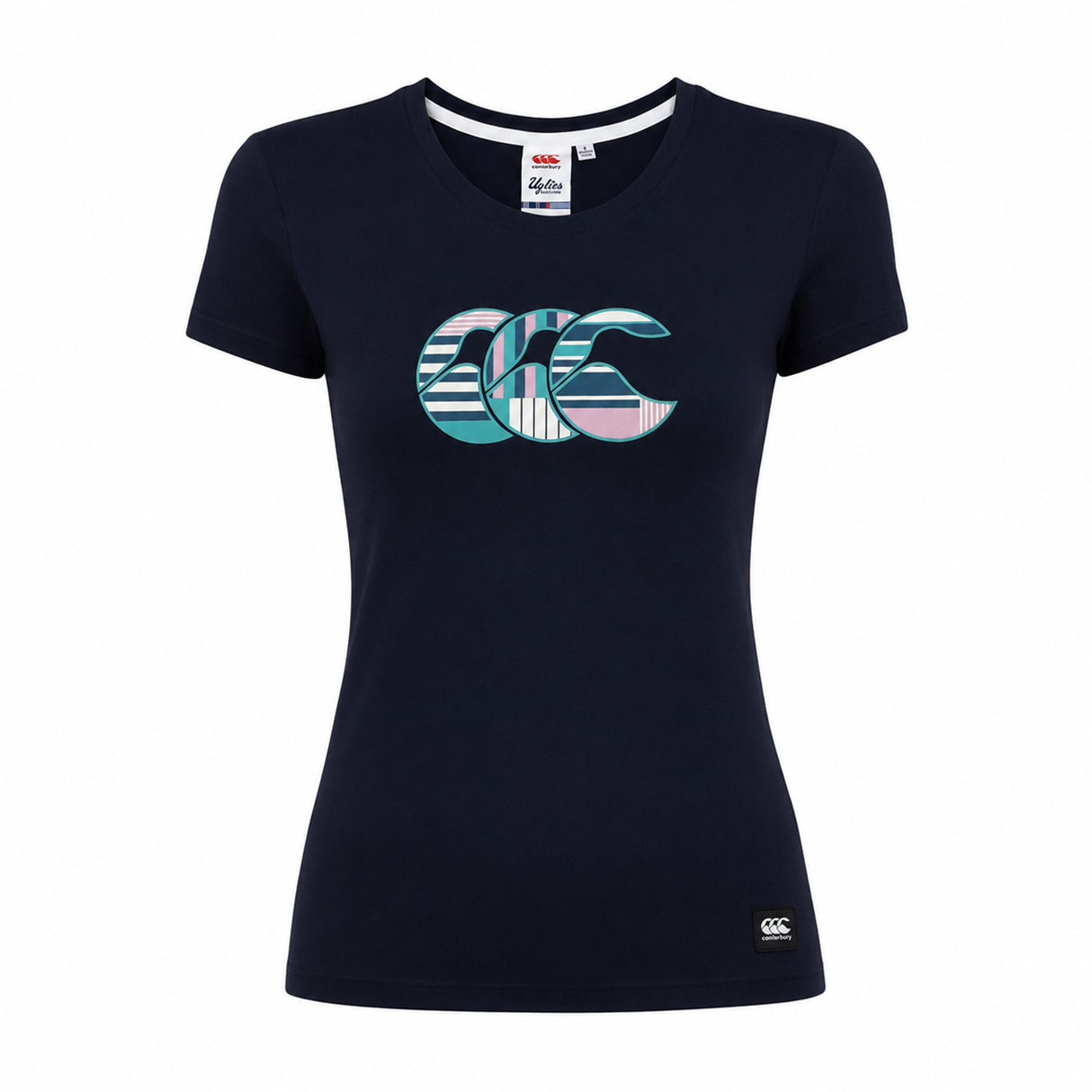 The Canterbury Women's Uglies Logo T-Shirt features short sleeves, a navy colorway, a vibrant multicolored "CCC" logo on the chest, and a small black logo patch near the hem—drawing inspiration from Canterbury's classic rugby shirt style.