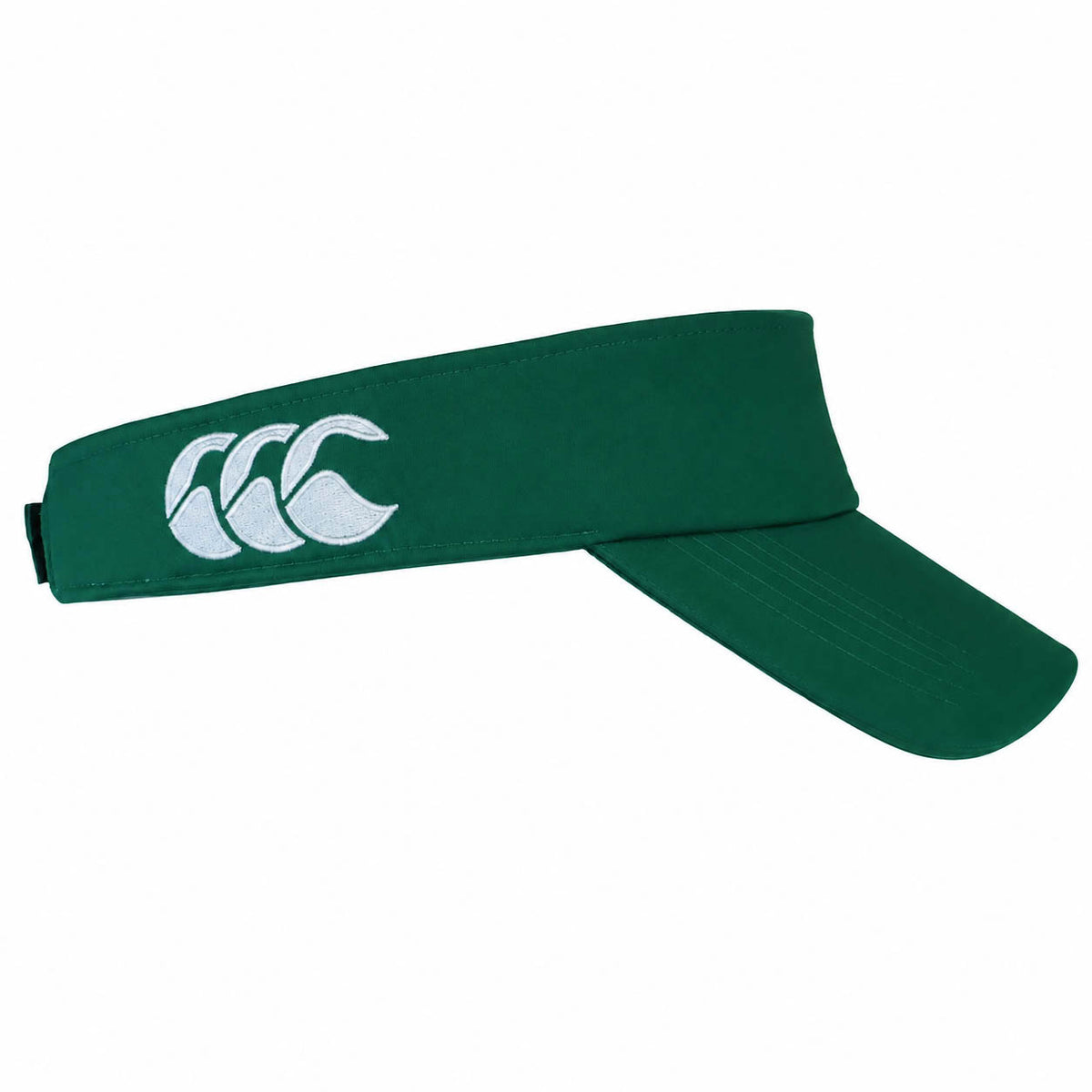 The Ireland 26 Visor by Canterbury is a green sports visor featuring the distinctive white Canterbury logo with three stylized curves on the front left side, displayed in a side profile against a plain white background—an ideal choice for fans seeking an authentic Canterbury Ireland accessory.