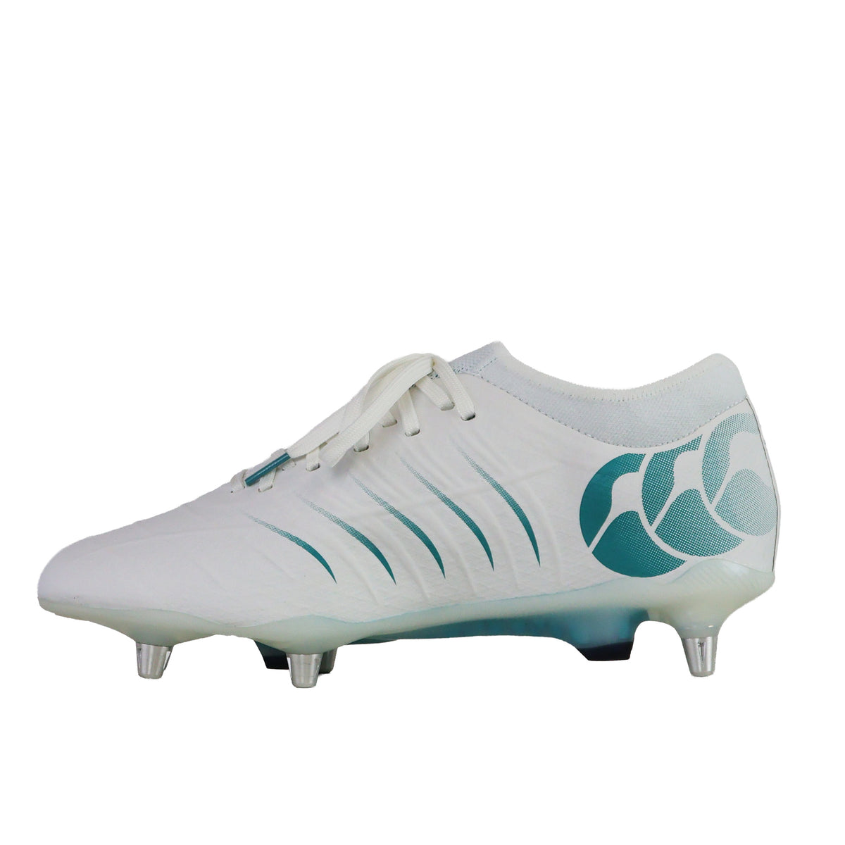 Canterbury Phoenix 2.0 Elite SG - White/Baltic Green elite rugby boot in white with teal accents and metal studs on the sole for soft ground.