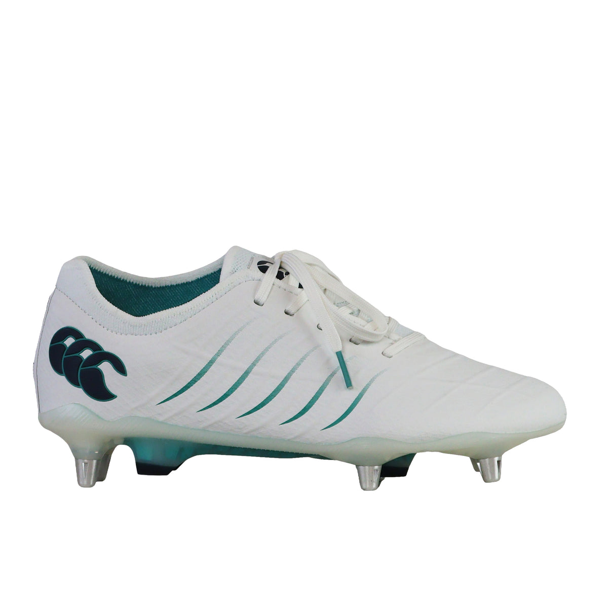 Canterbury Phoenix 2.0 Elite SG - White/Baltic Green rugby boot in white with green accents, white laces, and metal studs for soft ground.