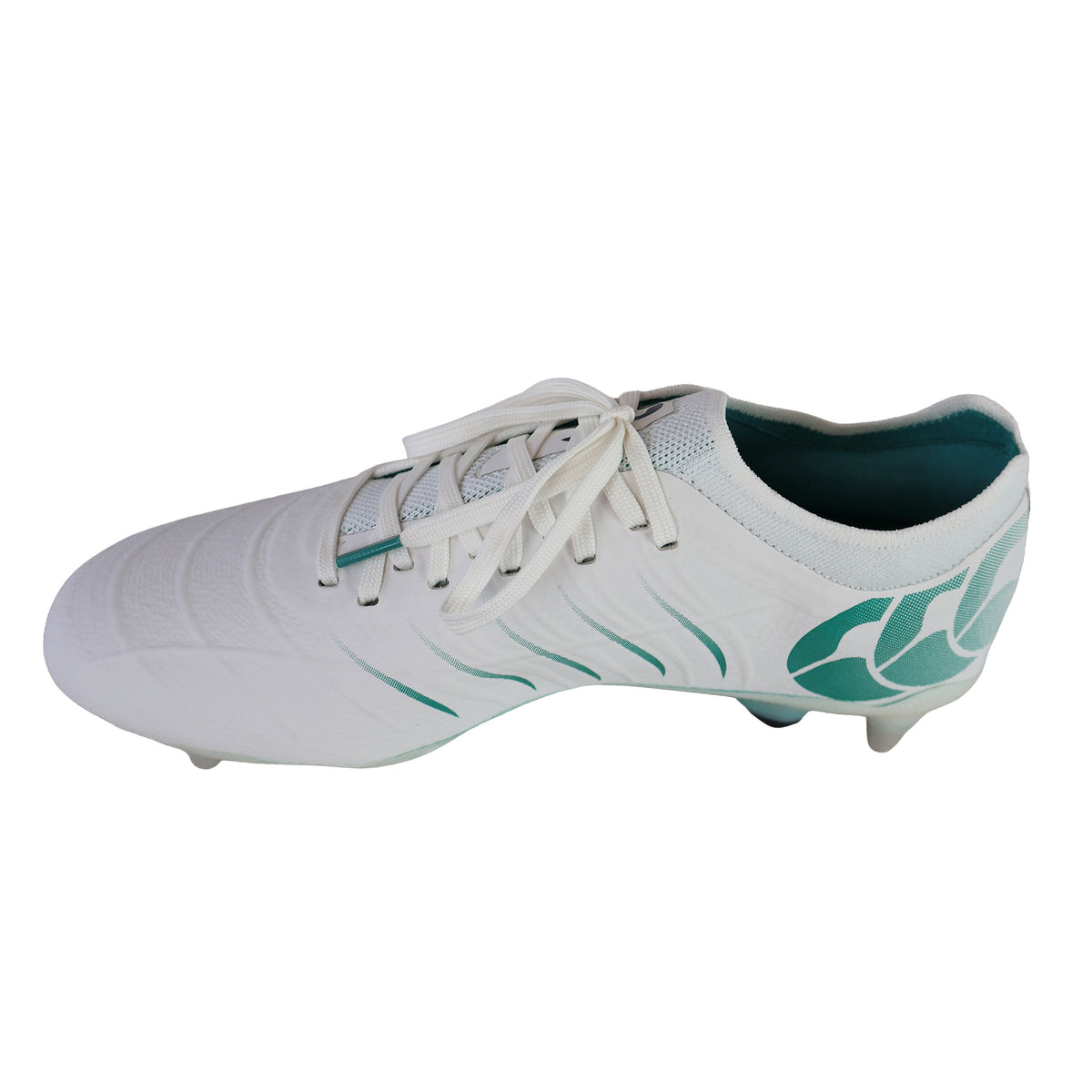 Canterbury Phoenix 2.0 Elite SG - White/Baltic Green rugby boot in white with green accents and white laces.