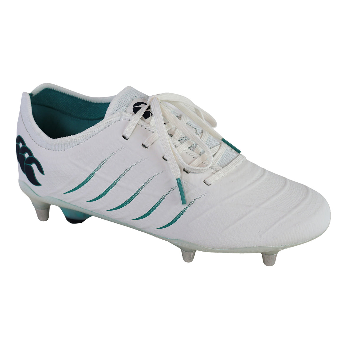 Canterbury Phoenix 2.0 Elite SG - White/Baltic Green rugby boot in white with green accents and silver studs for soft ground.