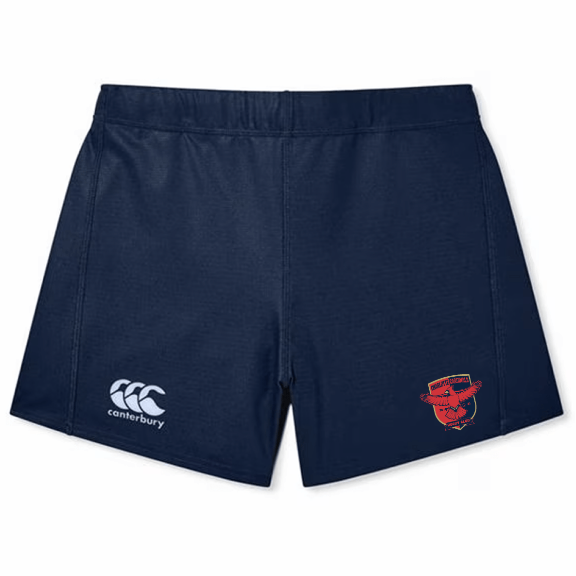 The Charlotte Cardinals Rugby Club Women's Yokohama Short by Canterbury, designed by EMB Canterbury, are navy blue rugby shorts for women made from lightweight durable fabric. They feature a white Canterbury logo on the left and a red emblem with a character on the right.