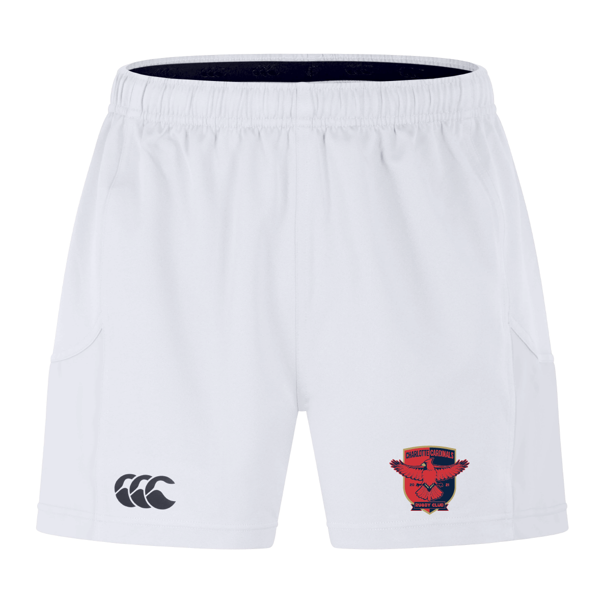 The Charlotte Cardinals Rugby Club Advantage Short 2.0 by EMB Canterbury features a red and black bird holding a rugby ball on the right leg and a stylized "CC" on the left. Made with recycled materials, these shorts offer sustainable performance while combining style with eco-consciousness.