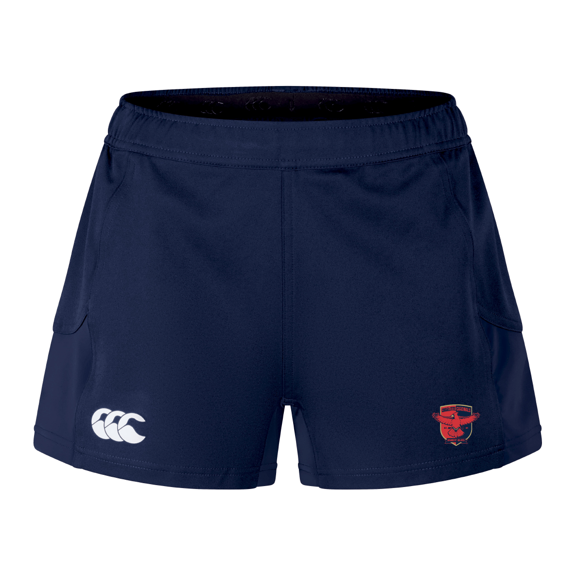 The Charlotte Cardinals Rugby Club Women's Advantage Short 2.0 by EMB Canterbury are performance-oriented sports shorts in navy blue, featuring a white logo on the left leg and a red emblem on the right, made with recycled materials to emphasize sustainability.