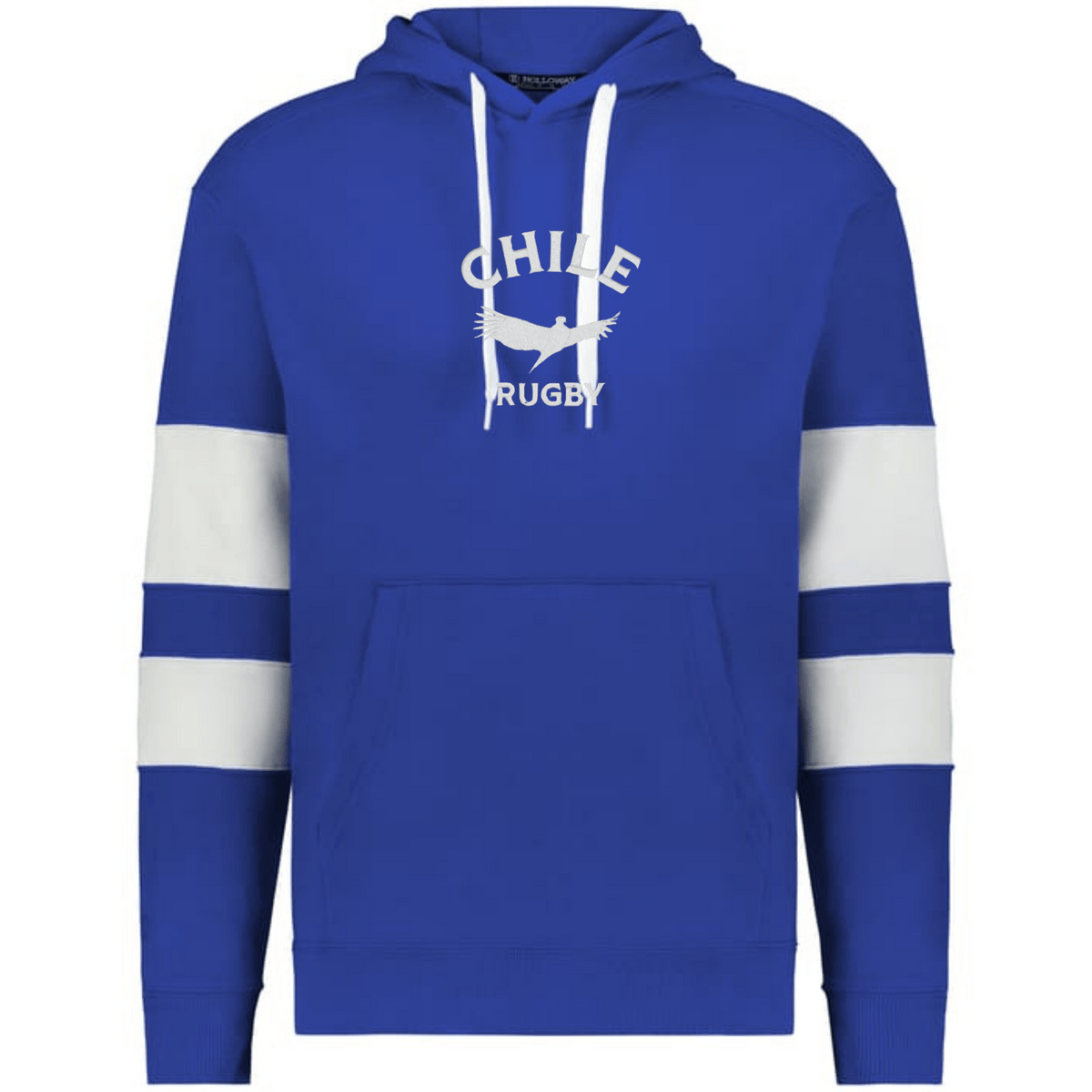 The WRS Augusta Nations of Rugby Chile Jackson Way Hoodie is a blue hoodie with white drawstrings, two white sleeve stripes, and a bold "Chile Rugby" logo with a condor graphic on the chest.