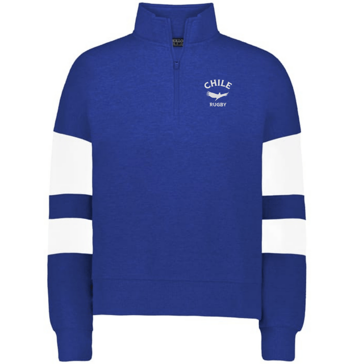 The EMB Augusta Women's Nations of Rugby Chile Jackson Way Pullover is a blue quarter-zip with white sleeve stripes and "CHILE RUGBY" plus bird logo on the chest—ideal for fans of Chile rugby apparel.