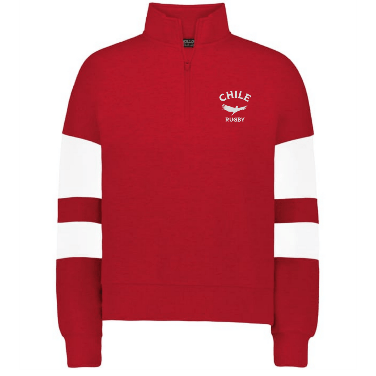 The EMB Augusta Women's Nations of Rugby Chile Jackson Way Pullover features a red design with white sleeve stripes and a "Chile Rugby" bird logo on the chest—ideal apparel for passionate Chile rugby fans.