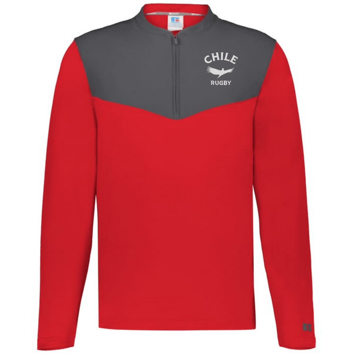 The EMB Augusta Nations of Rugby Chile Sideline Grid 1/4 Zip Pullover features a red and dark gray fleece design with "CHILE RUGBY" text and a bird graphic on the left chest.