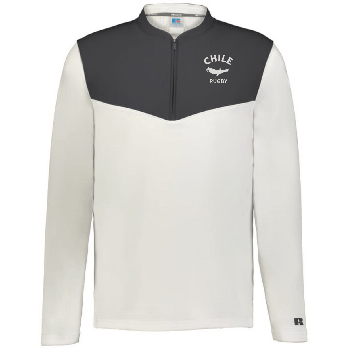 The EMB Augusta Nations of Rugby Chile Sideline Grid 1/4 Zip Pullover is a long-sleeve, two-tone top with a dark gray upper and white lower section, featuring "CHILE RUGBY" and a bird logo on the left chest.