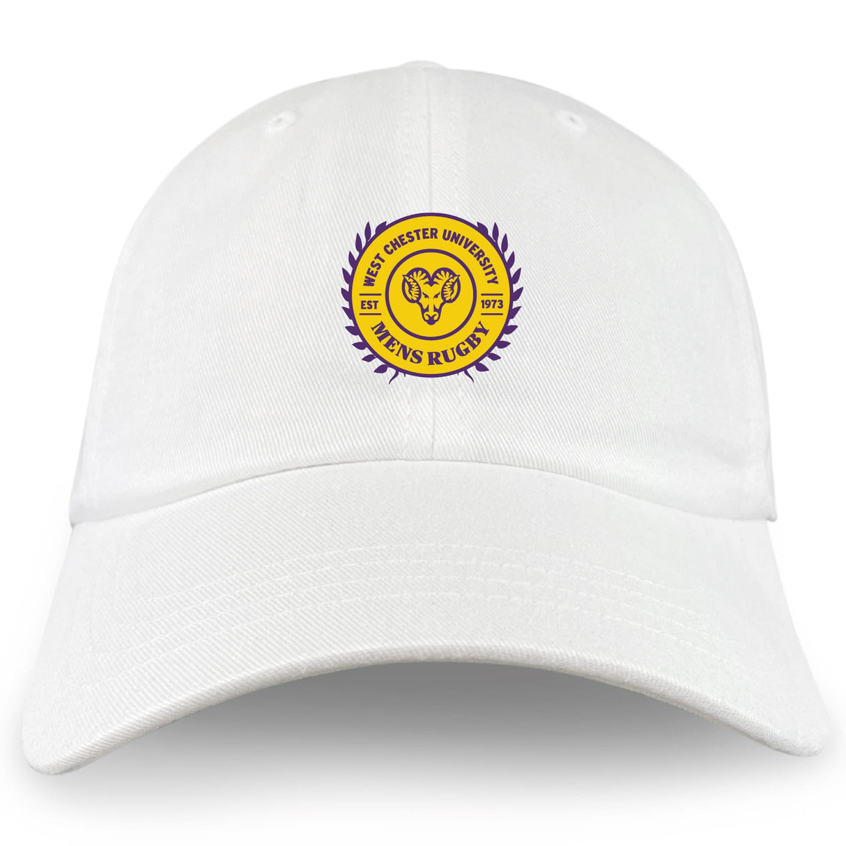 The EMB S&S Activewear West Chester University Adult Low-Profile Cotton Twill Dad Cap features an embroidered circular men's rugby logo with a ram’s head and purple laurel leaves.