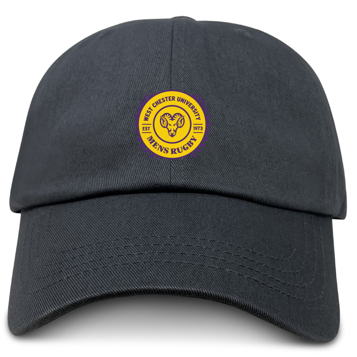 The EMB S&S Activewear West Chester University Adult Low-Profile Cotton Twill Dad Cap features a circular yellow and purple "West Chester University Men's Rugby" logo with a ram's head embroidered on the front.
