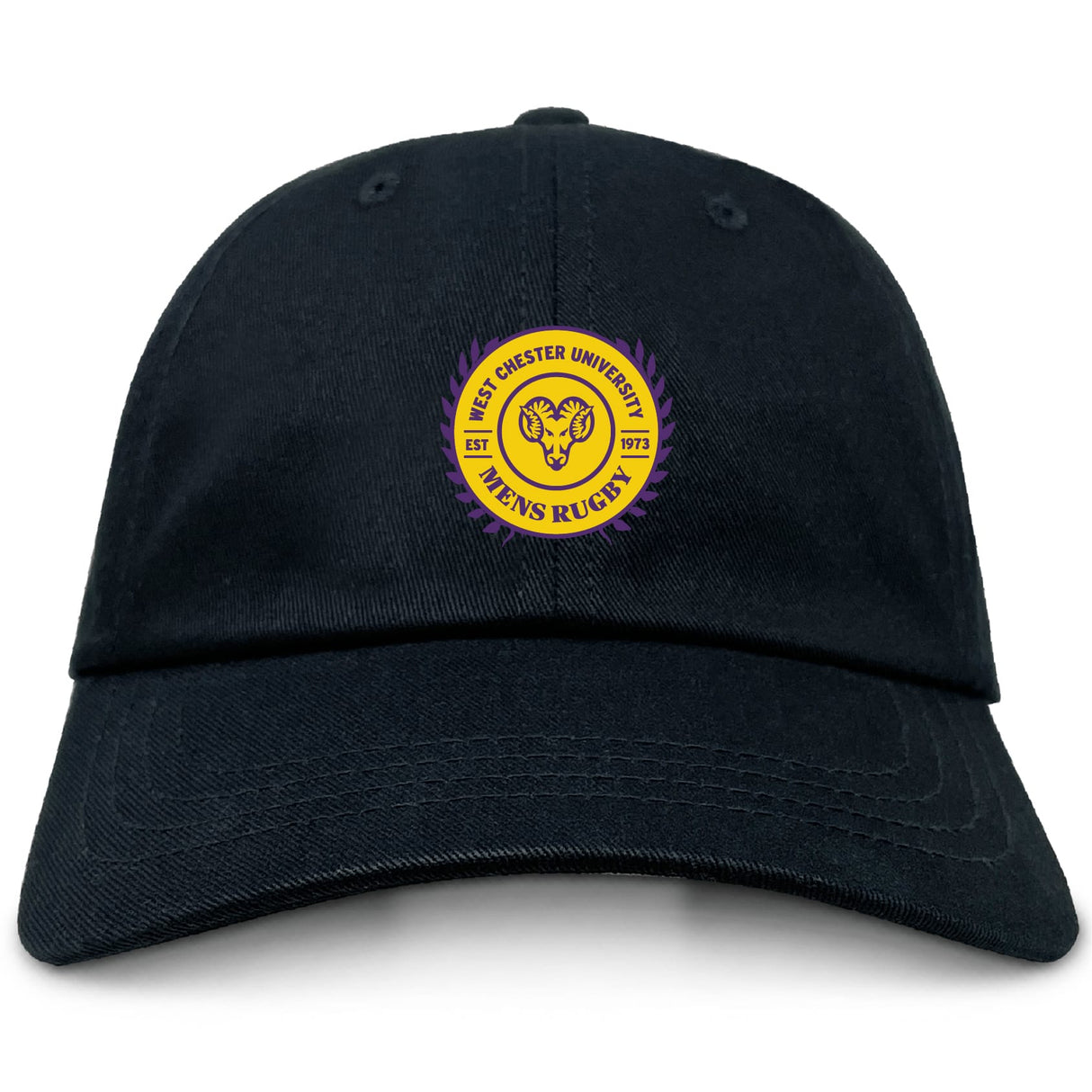 The EMB S&S Activewear West Chester University Adult Low-Profile Cotton Twill Dad Cap has a black design with a circular yellow and purple "West Chester University Men's Rugby" embroidered logo featuring a ram head.