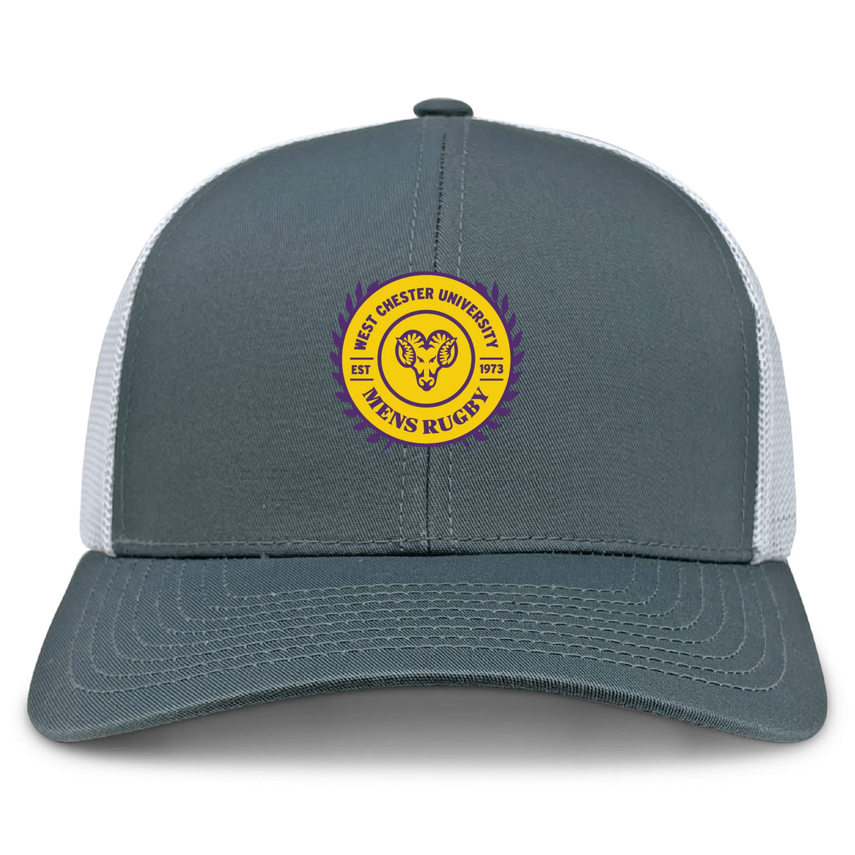 The West Chester University Retro Trucker Cap by EMB S&S Activewear features a gray and white design with an embroidered yellow and purple ram's head logo, plus a snapback closure for an adjustable fit.